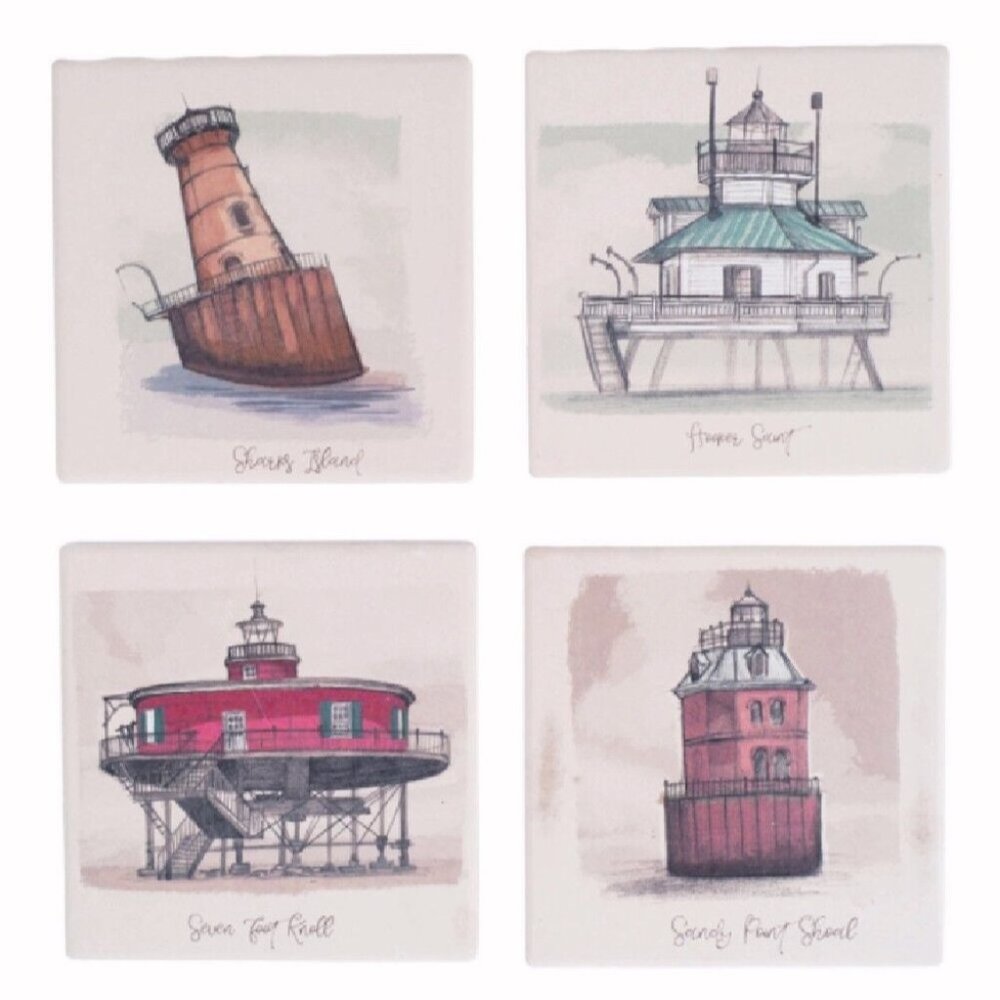 Chesapeake Light Houses Ceramic Coaster Set - NEW Fast Ship